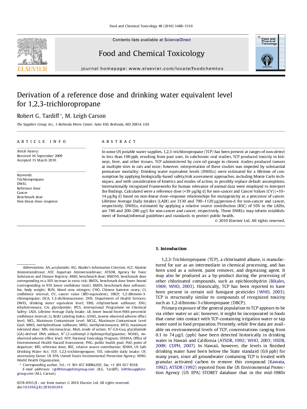 Derivation of a reference dose and drinking water equivalent level for 1,2,3-trichloropropane