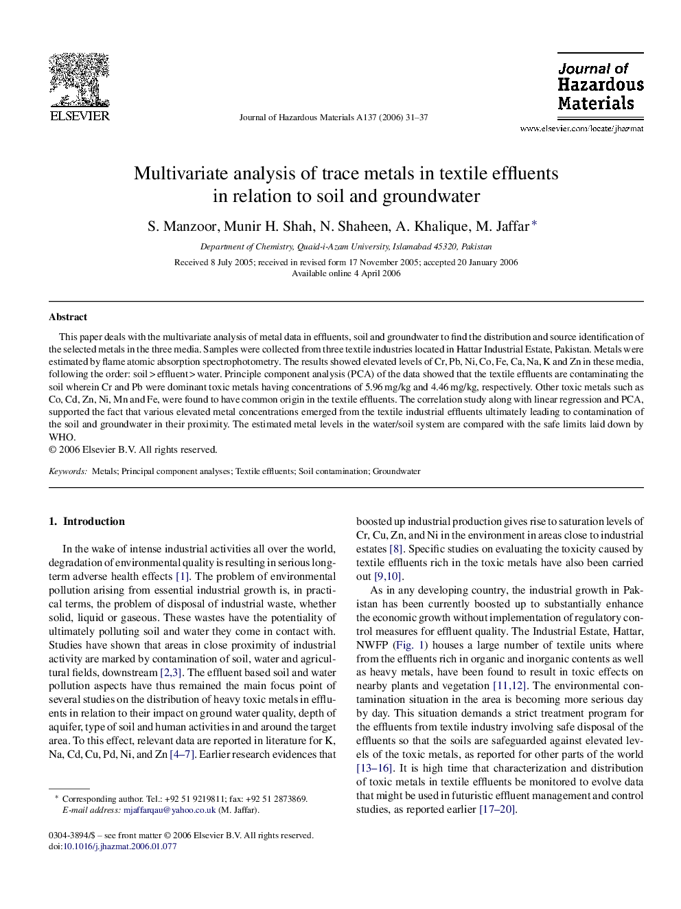 Multivariate analysis of trace metals in textile effluents in relation to soil and groundwater