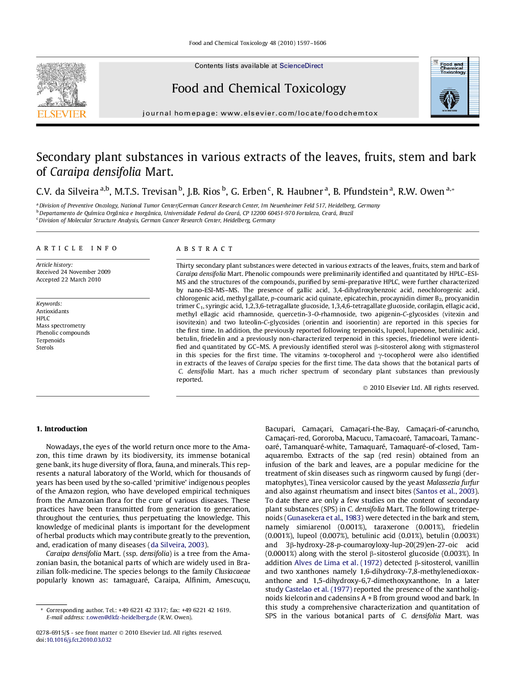 Secondary plant substances in various extracts of the leaves, fruits, stem and bark of Caraipa densifolia Mart.