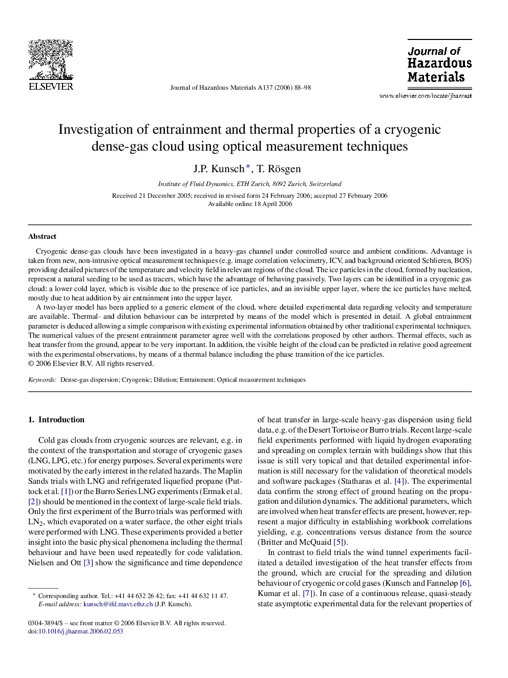 Investigation of entrainment and thermal properties of a cryogenic dense-gas cloud using optical measurement techniques