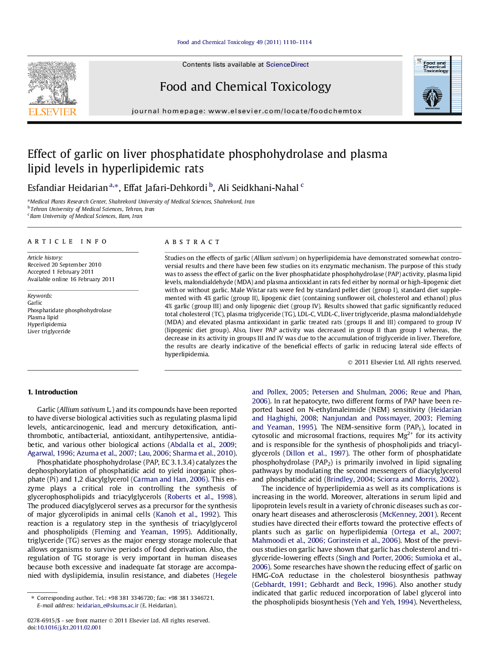 Effect of garlic on liver phosphatidate phosphohydrolase and plasma lipid levels in hyperlipidemic rats