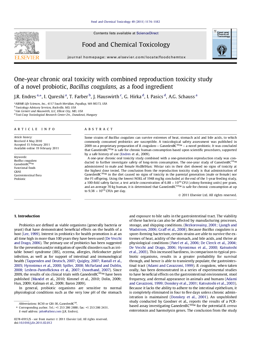 One-year chronic oral toxicity with combined reproduction toxicity study of a novel probiotic, Bacillus coagulans, as a food ingredient