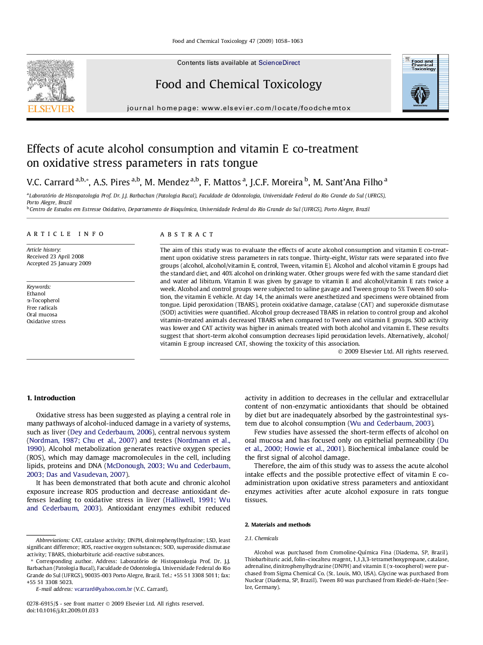 Effects of acute alcohol consumption and vitamin E co-treatment on oxidative stress parameters in rats tongue