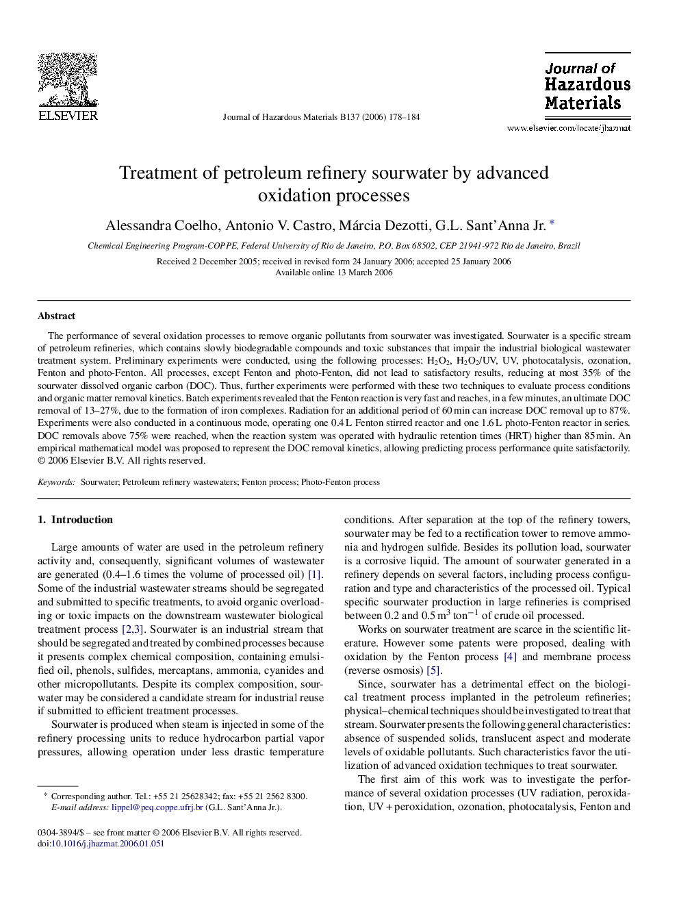 Treatment of petroleum refinery sourwater by advanced oxidation processes