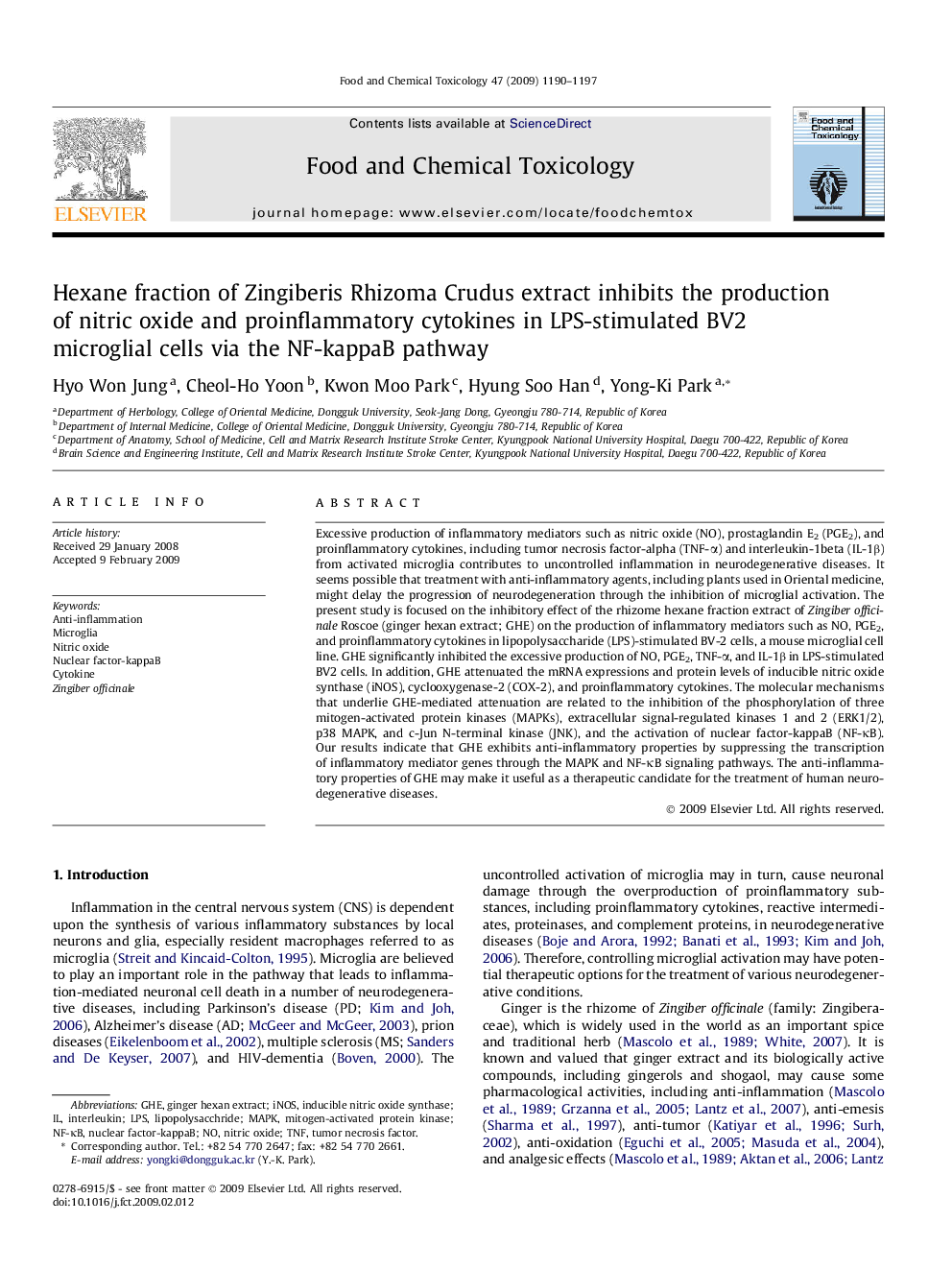 Hexane fraction of Zingiberis Rhizoma Crudus extract inhibits the production of nitric oxide and proinflammatory cytokines in LPS-stimulated BV2 microglial cells via the NF-kappaB pathway