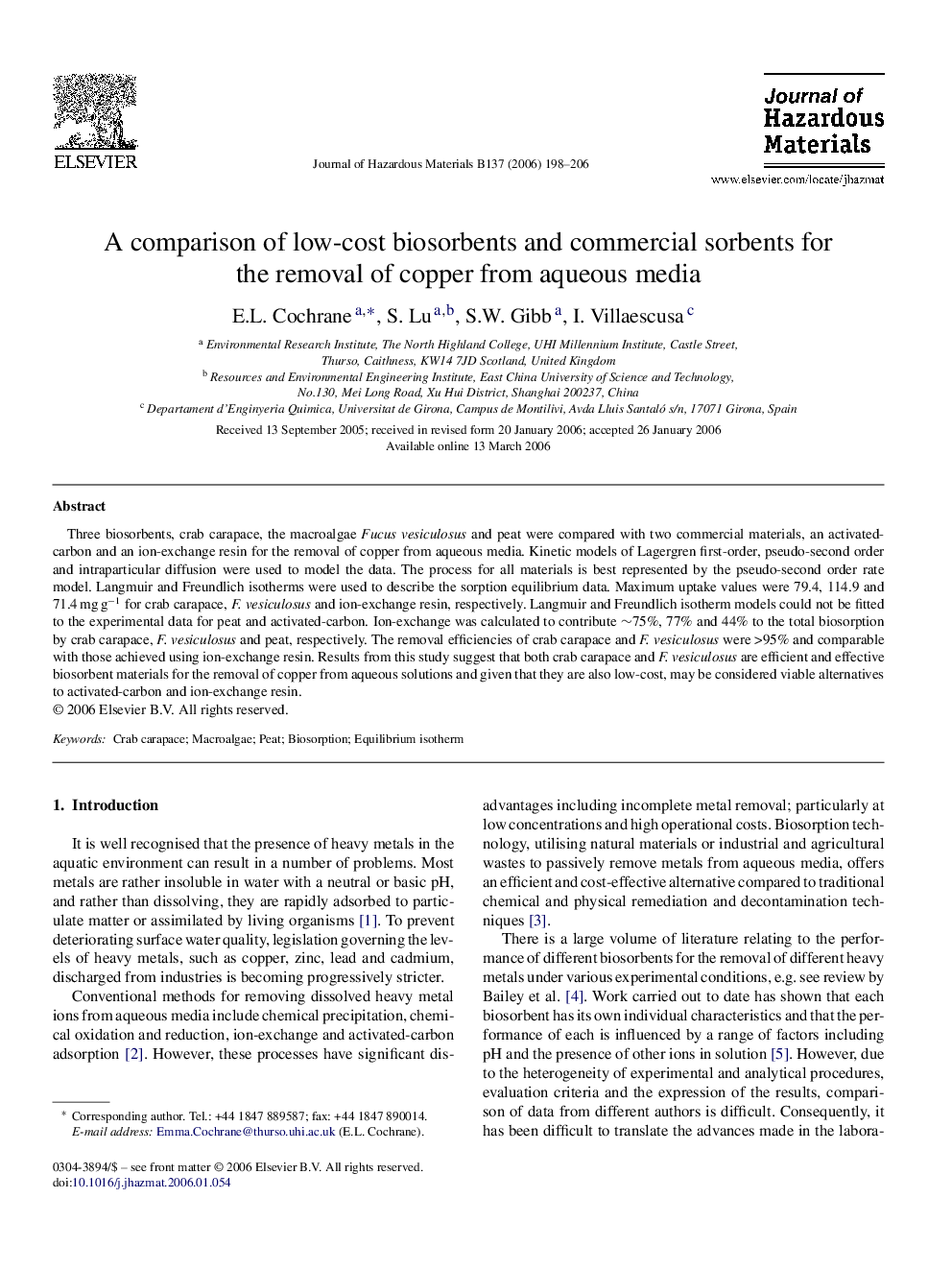 A comparison of low-cost biosorbents and commercial sorbents for the removal of copper from aqueous media