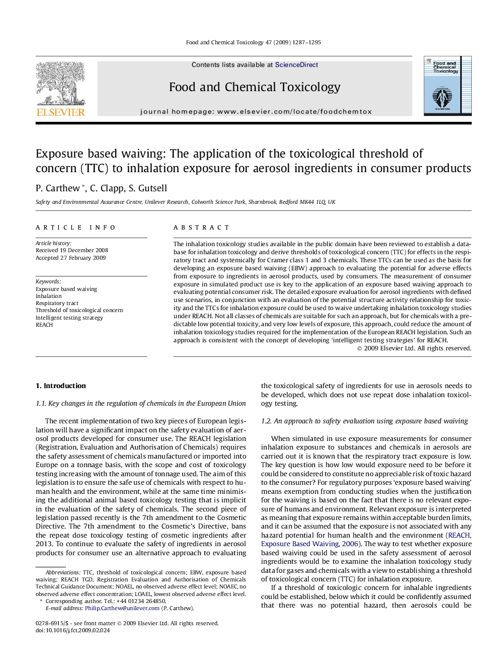 Exposure based waiving: The application of the toxicological threshold of concern (TTC) to inhalation exposure for aerosol ingredients in consumer products