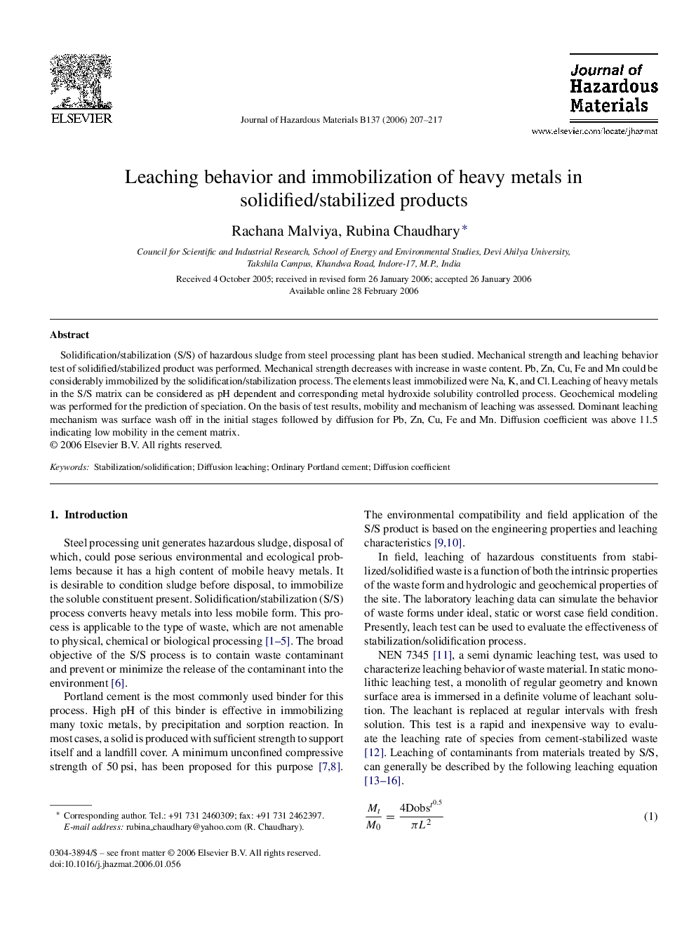 Leaching behavior and immobilization of heavy metals in solidified/stabilized products