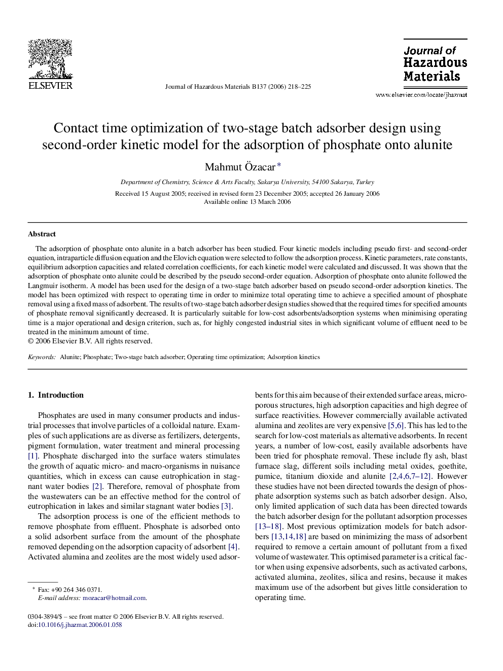 Contact time optimization of two-stage batch adsorber design using second-order kinetic model for the adsorption of phosphate onto alunite