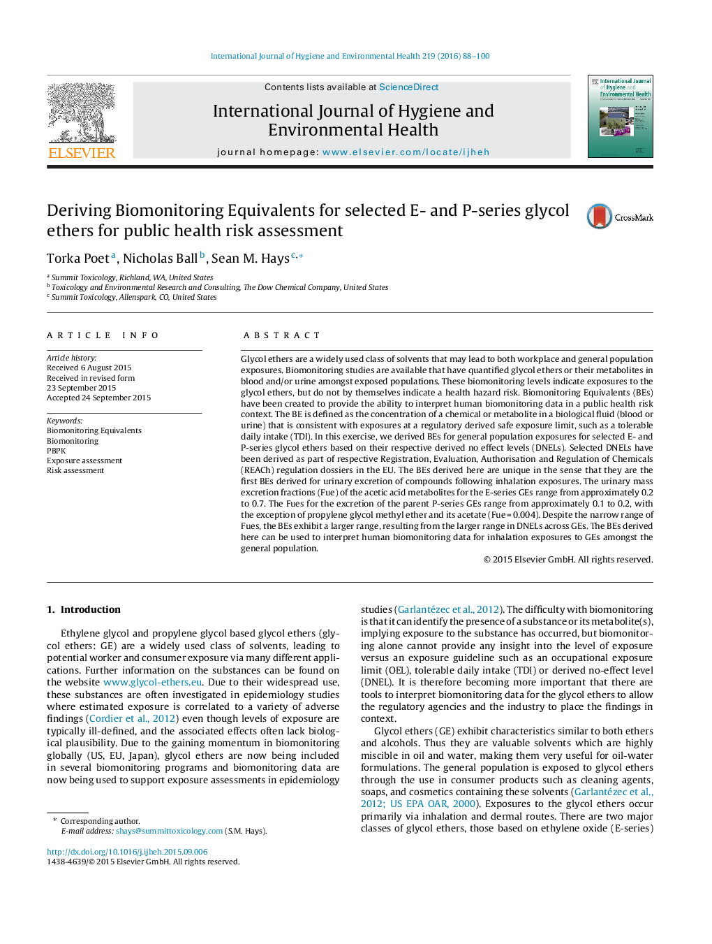 Deriving Biomonitoring Equivalents for selected E- and P-series glycol ethers for public health risk assessment