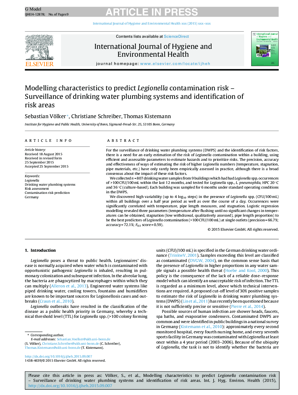 ویژگی های مدل سازی برای پیش بینی خطر آلودگی لژیونلا - نظارت بر سیستم های لوله کشی آب آشامیدنی و شناسایی مناطق خطر 