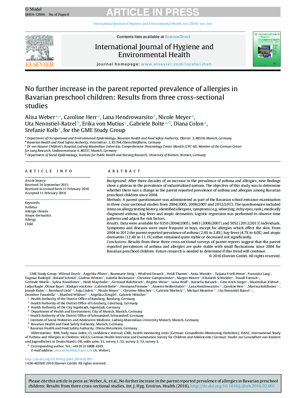 No further increase in the parent reported prevalence of allergies in Bavarian preschool children: Results from three cross-sectional studies