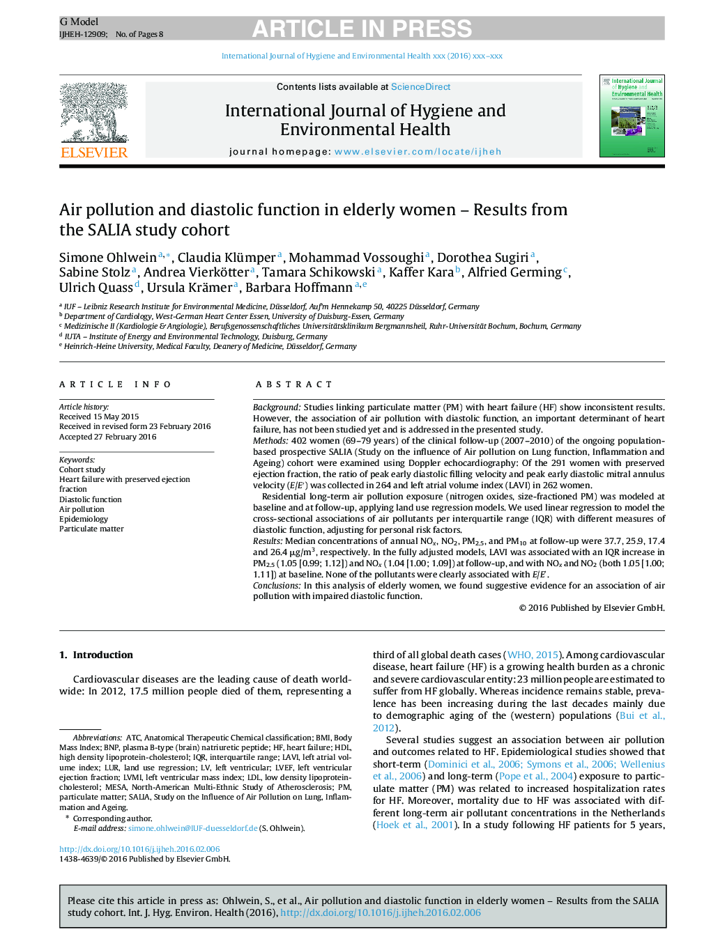 Air pollution and diastolic function in elderly women - Results from the SALIA study cohort