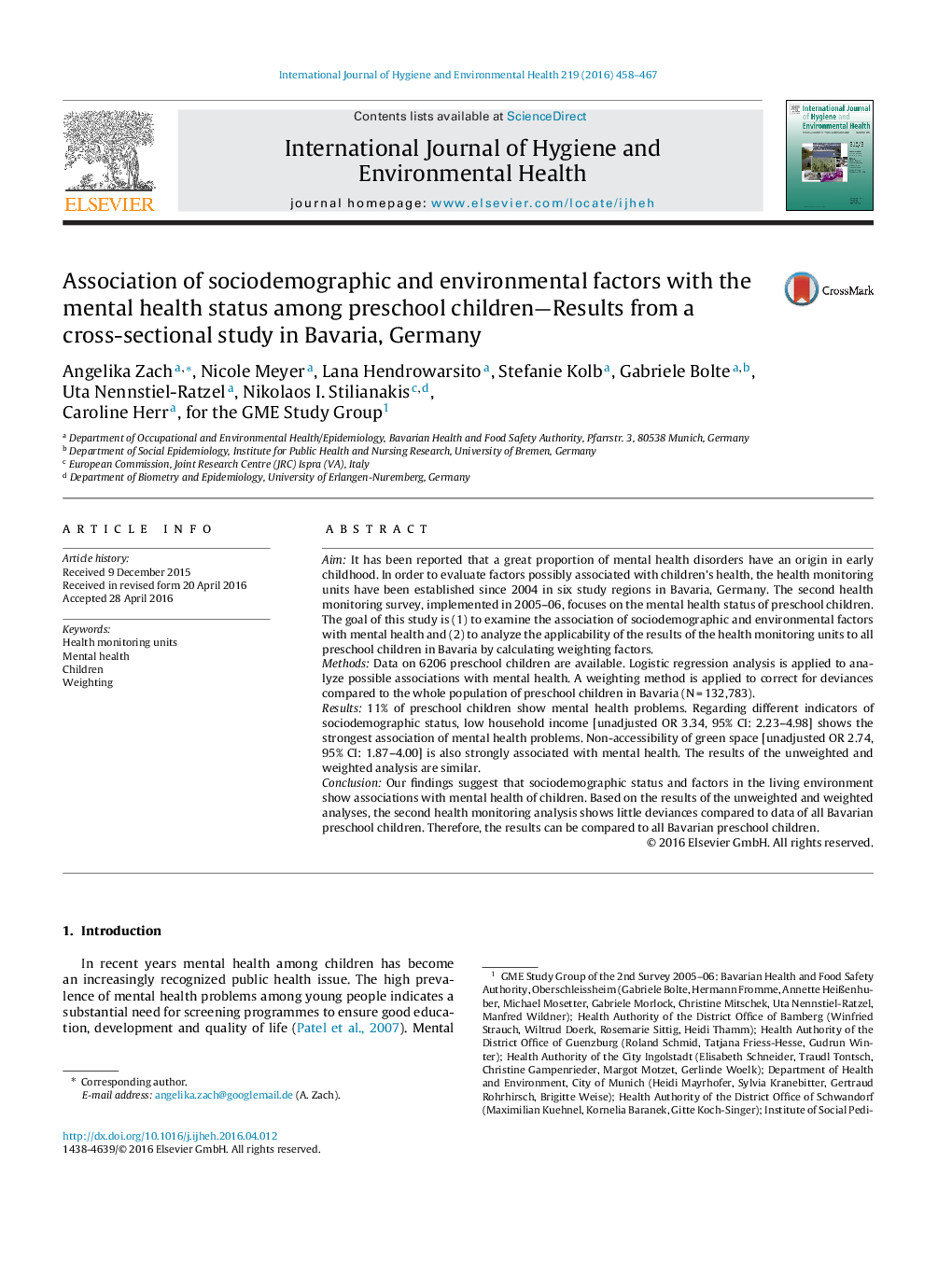 Association of sociodemographic and environmental factors with the mental health status among preschool children-Results from a cross-sectional study in Bavaria, Germany