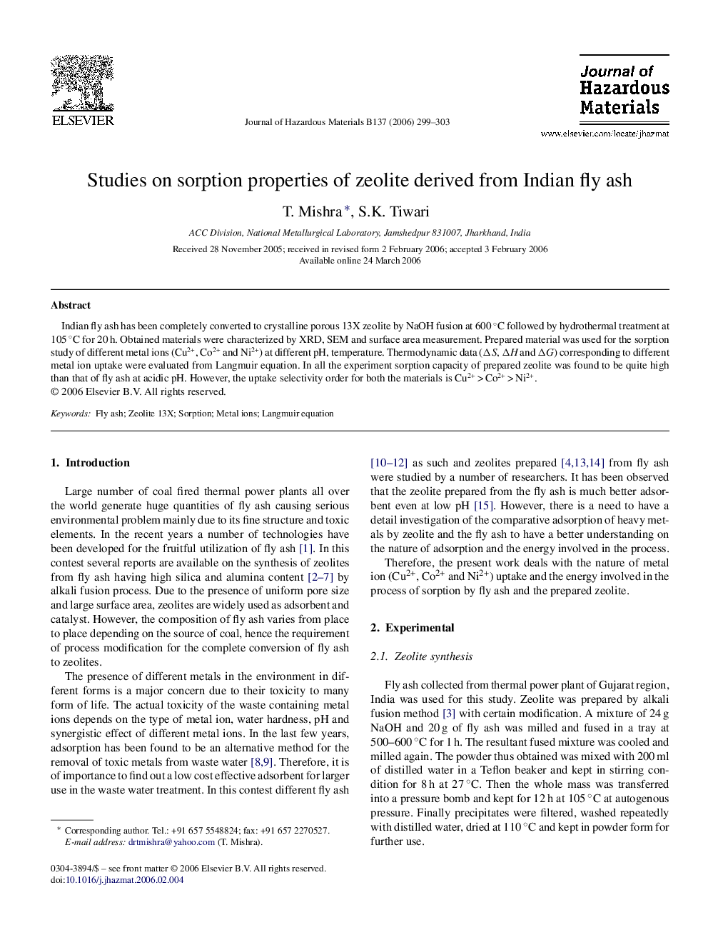 Studies on sorption properties of zeolite derived from Indian fly ash