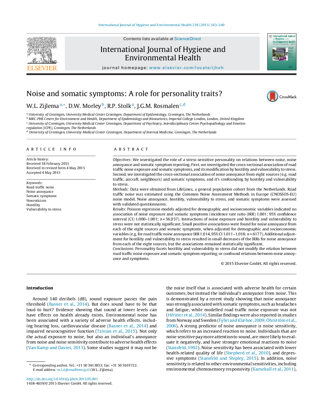 Noise and somatic symptoms: A role for personality traits?