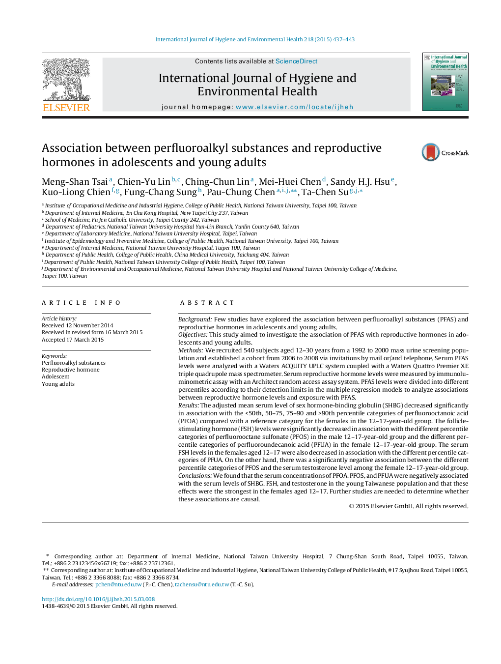 Association between perfluoroalkyl substances and reproductive hormones in adolescents and young adults