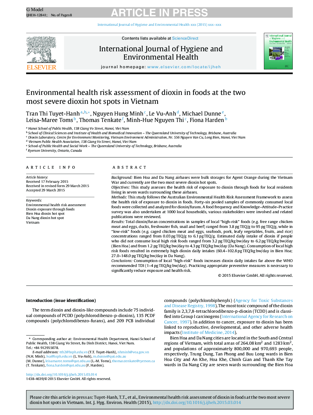 ارزیابی ریسک سلامت محیط زیست دیوکسین در غذاها در دو نقطه شدید دیواکسین در ویتنام 
