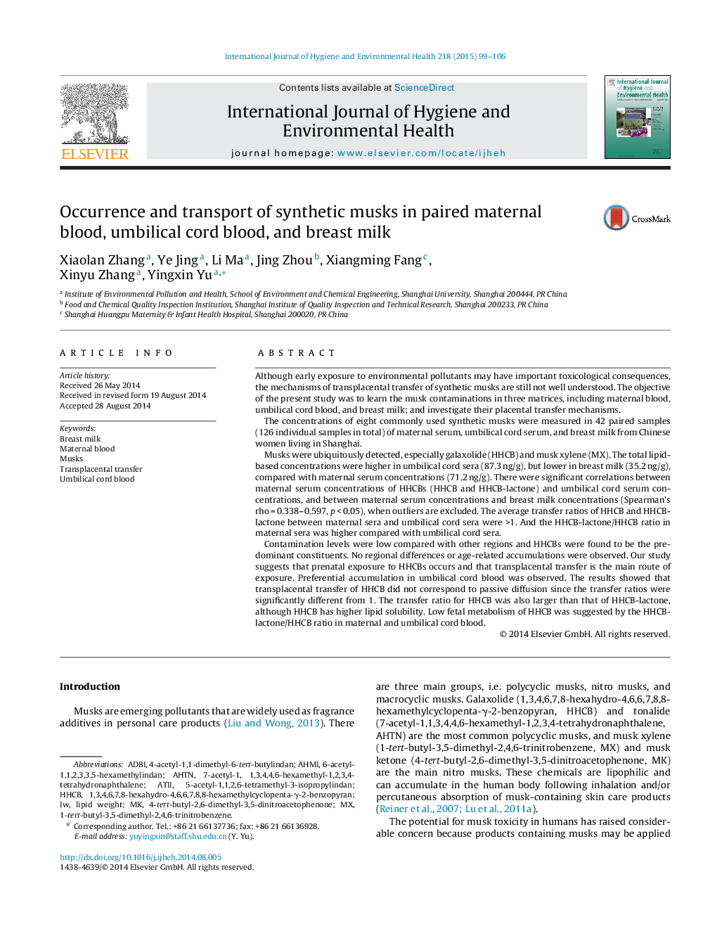 Occurrence and transport of synthetic musks in paired maternal blood, umbilical cord blood, and breast milk