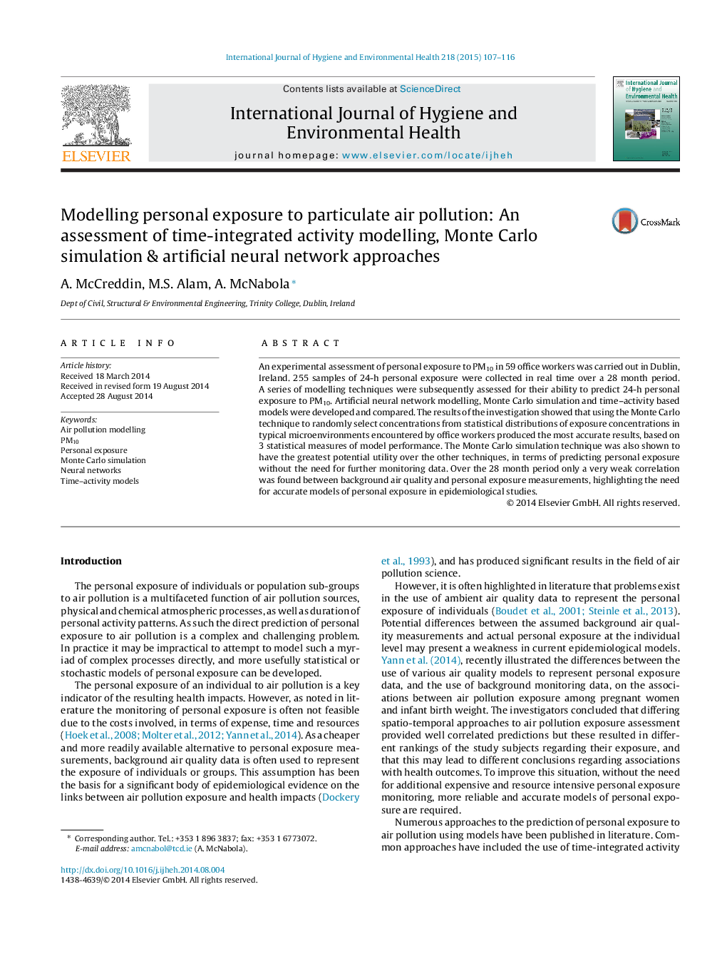 Modelling personal exposure to particulate air pollution: An assessment of time-integrated activity modelling, Monte Carlo simulation & artificial neural network approaches