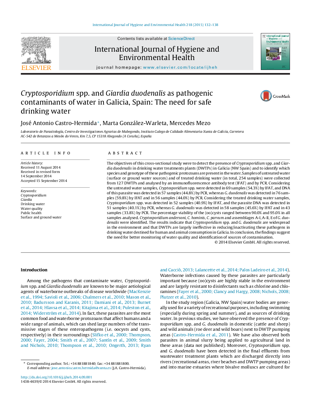 Cryptosporidium spp. and Giardia duodenalis as pathogenic contaminants of water in Galicia, Spain: The need for safe drinking water