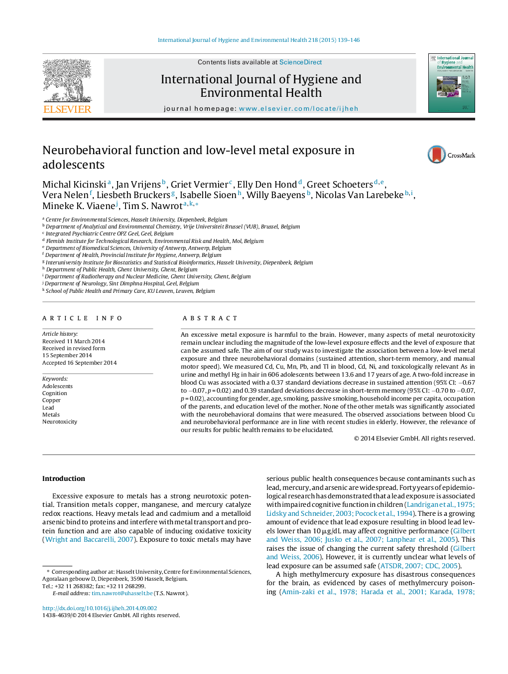 Neurobehavioral function and low-level metal exposure in adolescents