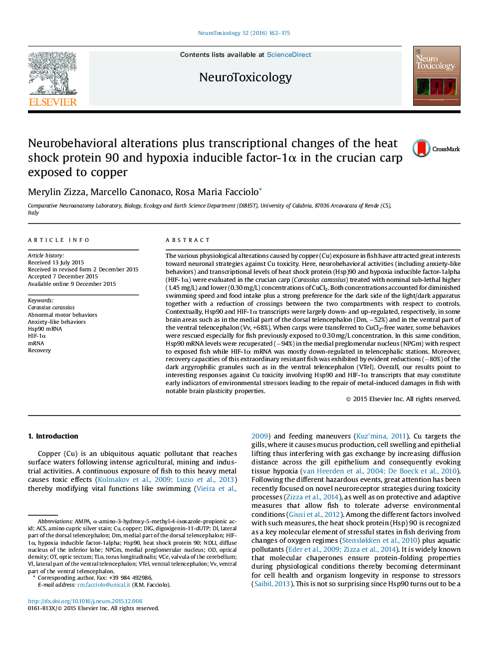 Neurobehavioral alterations plus transcriptional changes of the heat shock protein 90 and hypoxia inducible factor-1Î± in the crucian carp exposed to copper