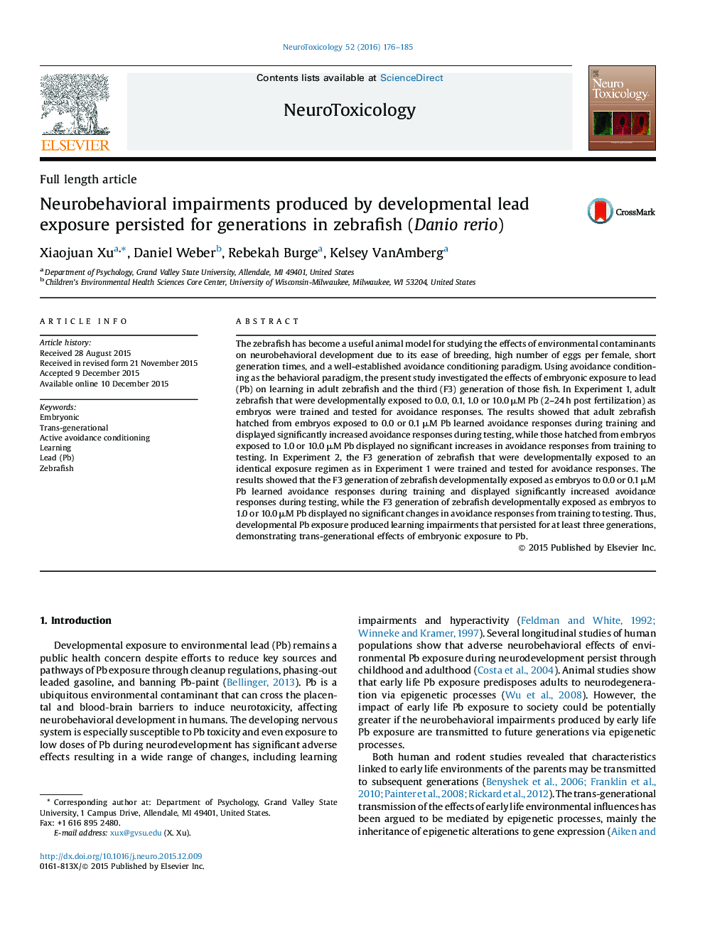 Full length articleNeurobehavioral impairments produced by developmental lead exposure persisted for generations in zebrafish (Danio rerio)
