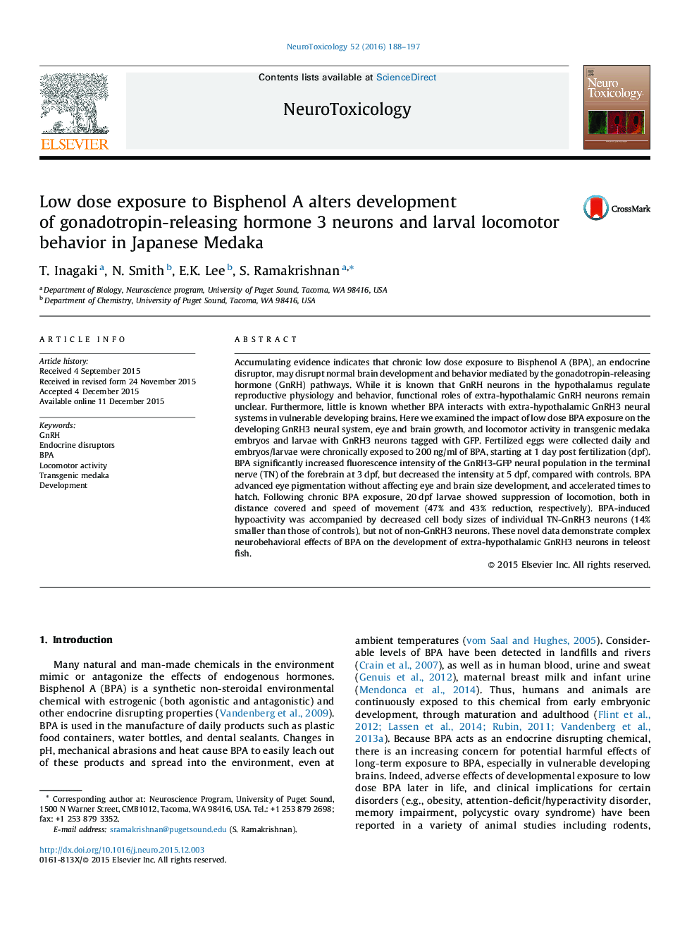 Low dose exposure to Bisphenol A alters development of gonadotropin-releasing hormone 3 neurons and larval locomotor behavior in Japanese Medaka