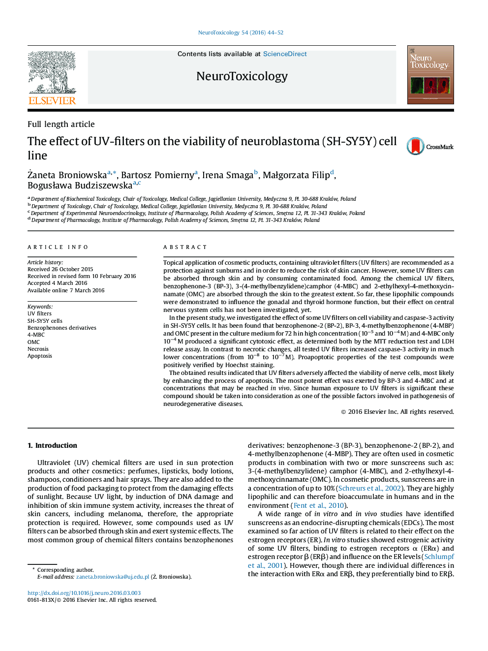 The effect of UV-filters on the viability of neuroblastoma (SH-SY5Y) cell line