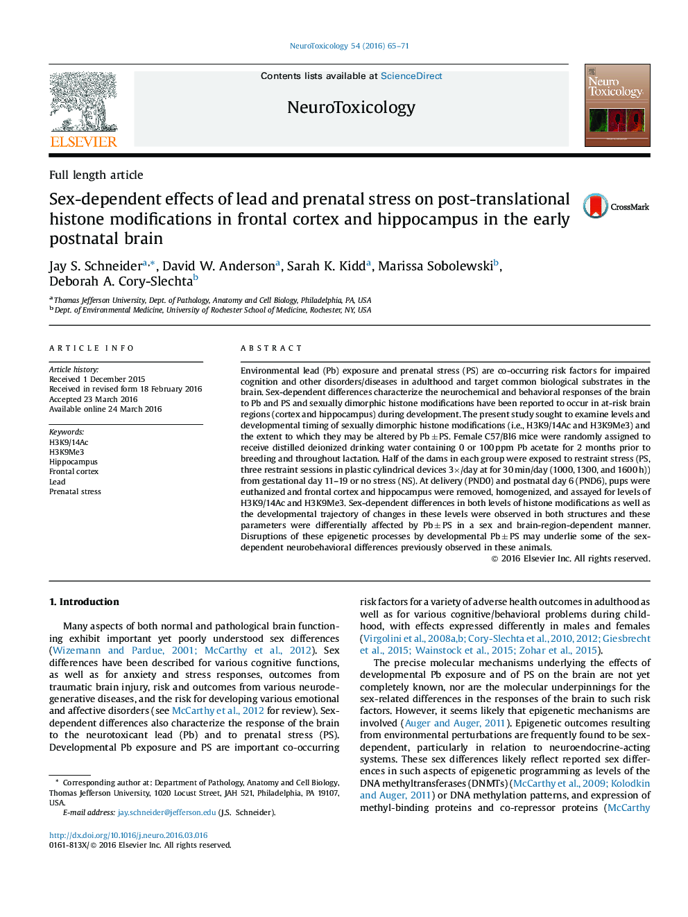 Full length articleSex-dependent effects of lead and prenatal stress on post-translational histone modifications in frontal cortex and hippocampus in the early postnatal brain