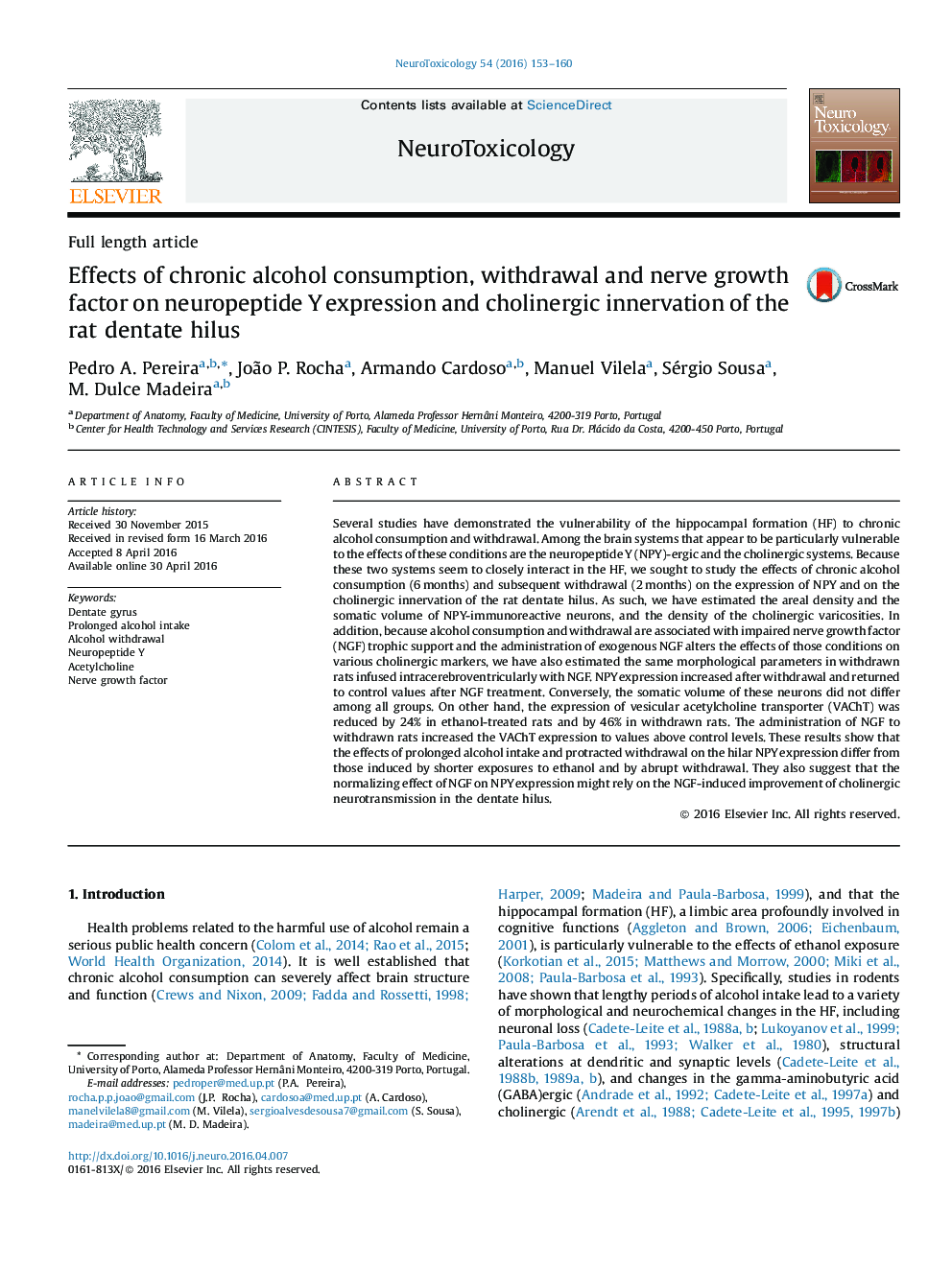 Full length articleEffects of chronic alcohol consumption, withdrawal and nerve growth factor on neuropeptide Y expression and cholinergic innervation of the rat dentate hilus