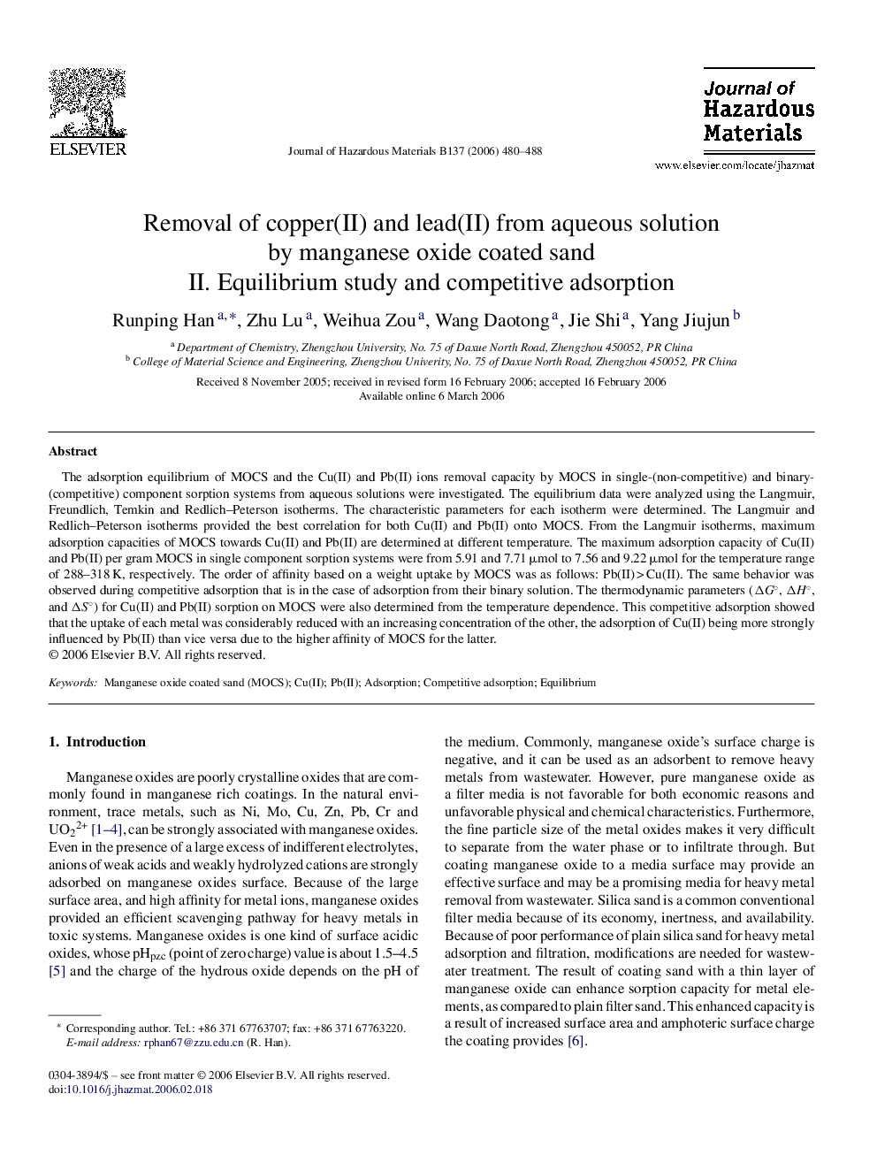Removal of copper(II) and lead(II) from aqueous solution by manganese oxide coated sand