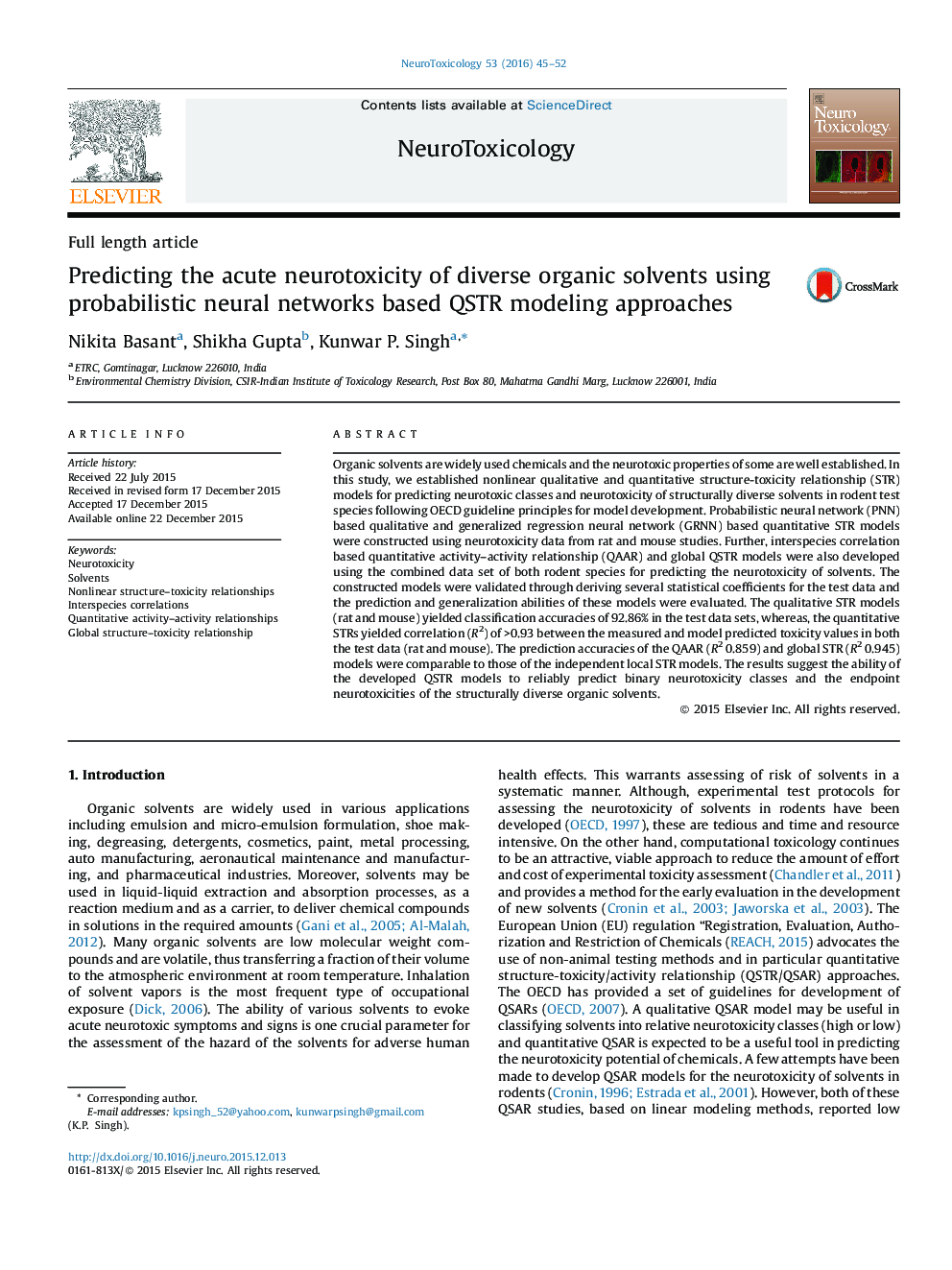 Predicting the acute neurotoxicity of diverse organic solvents using probabilistic neural networks based QSTR modeling approaches