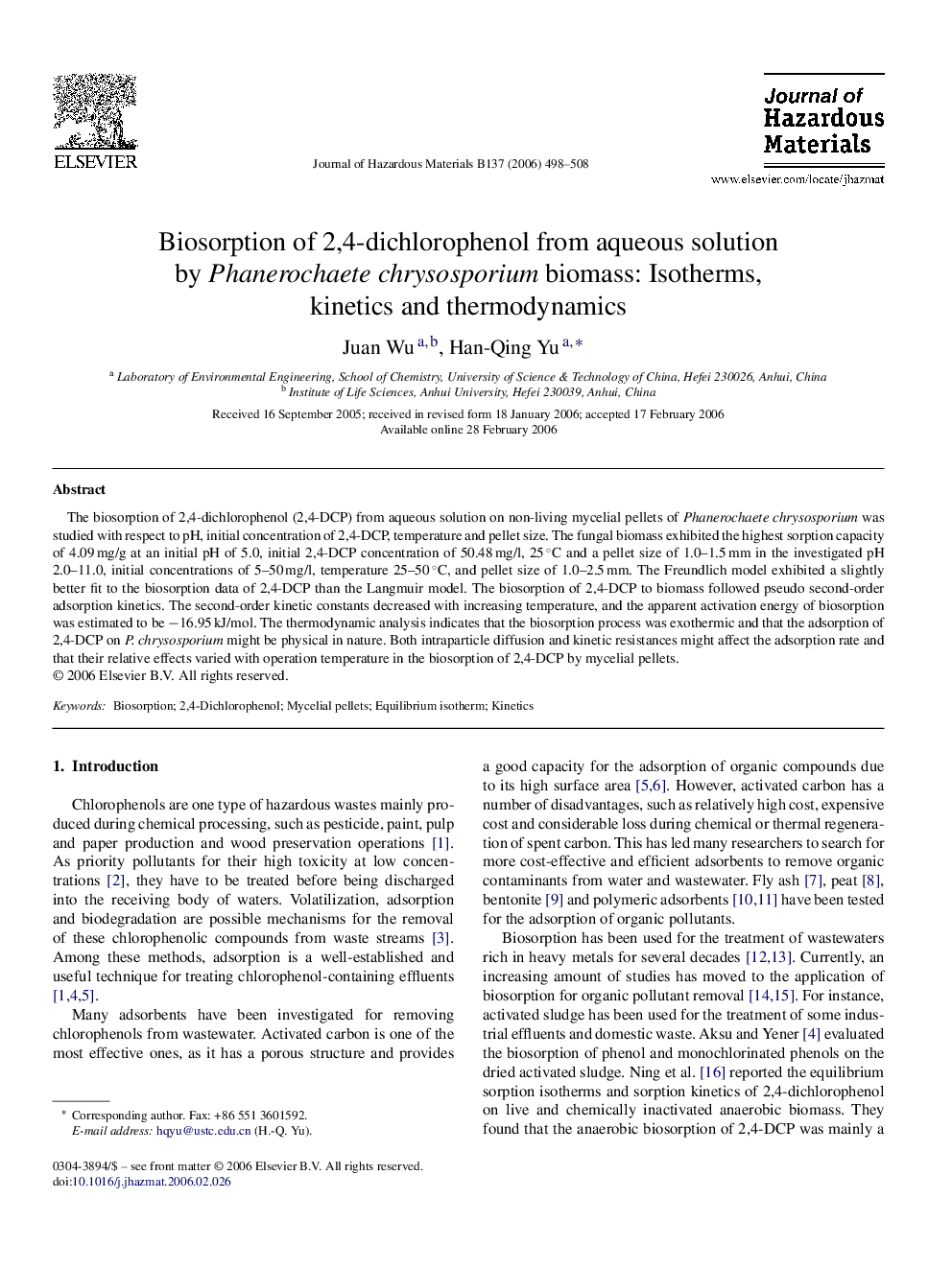 Biosorption of 2,4-dichlorophenol from aqueous solution by Phanerochaete chrysosporium biomass: Isotherms, kinetics and thermodynamics