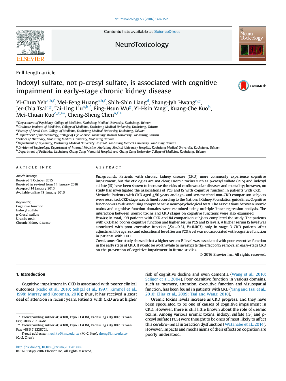 Indoxyl sulfate, not p-cresyl sulfate, is associated with cognitive impairment in early-stage chronic kidney disease