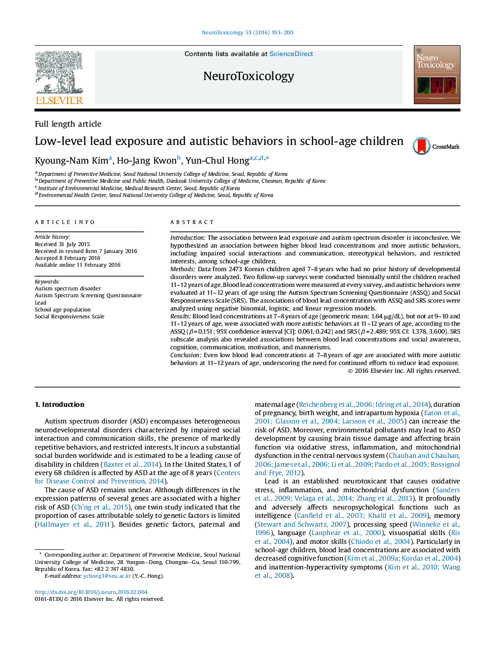 Low-level lead exposure and autistic behaviors in school-age children