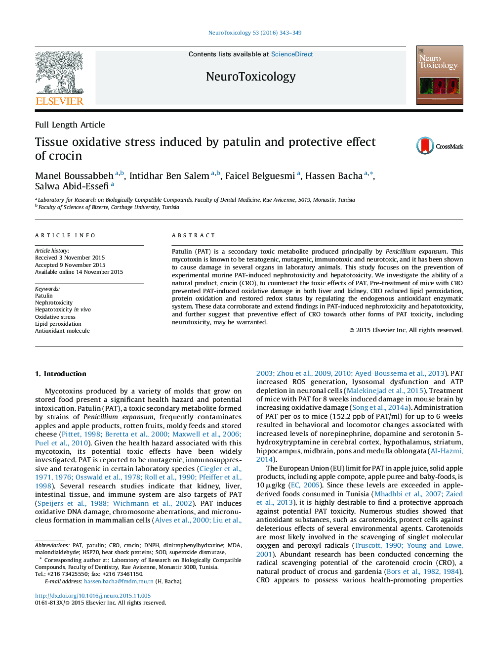 Full Length ArticleTissue oxidative stress induced by patulin and protective effect of crocin