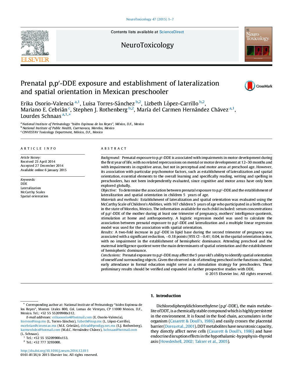 Prenatal p,pâ²-DDE exposure and establishment of lateralization and spatial orientation in Mexican preschooler