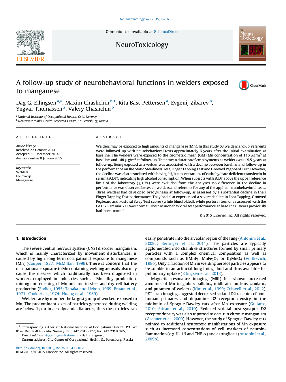 A follow-up study of neurobehavioral functions in welders exposed to manganese