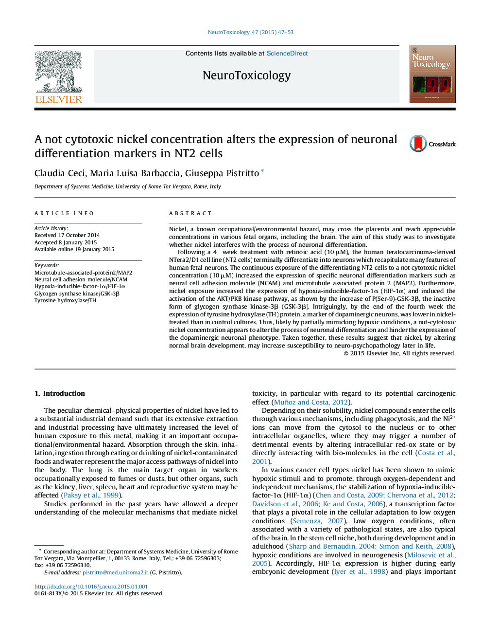 A not cytotoxic nickel concentration alters the expression of neuronal differentiation markers in NT2 cells