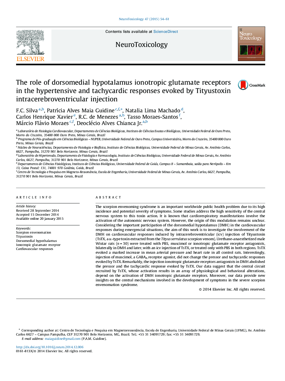 The role of dorsomedial hypotalamus ionotropic glutamate receptors in the hypertensive and tachycardic responses evoked by Tityustoxin intracerebroventricular injection