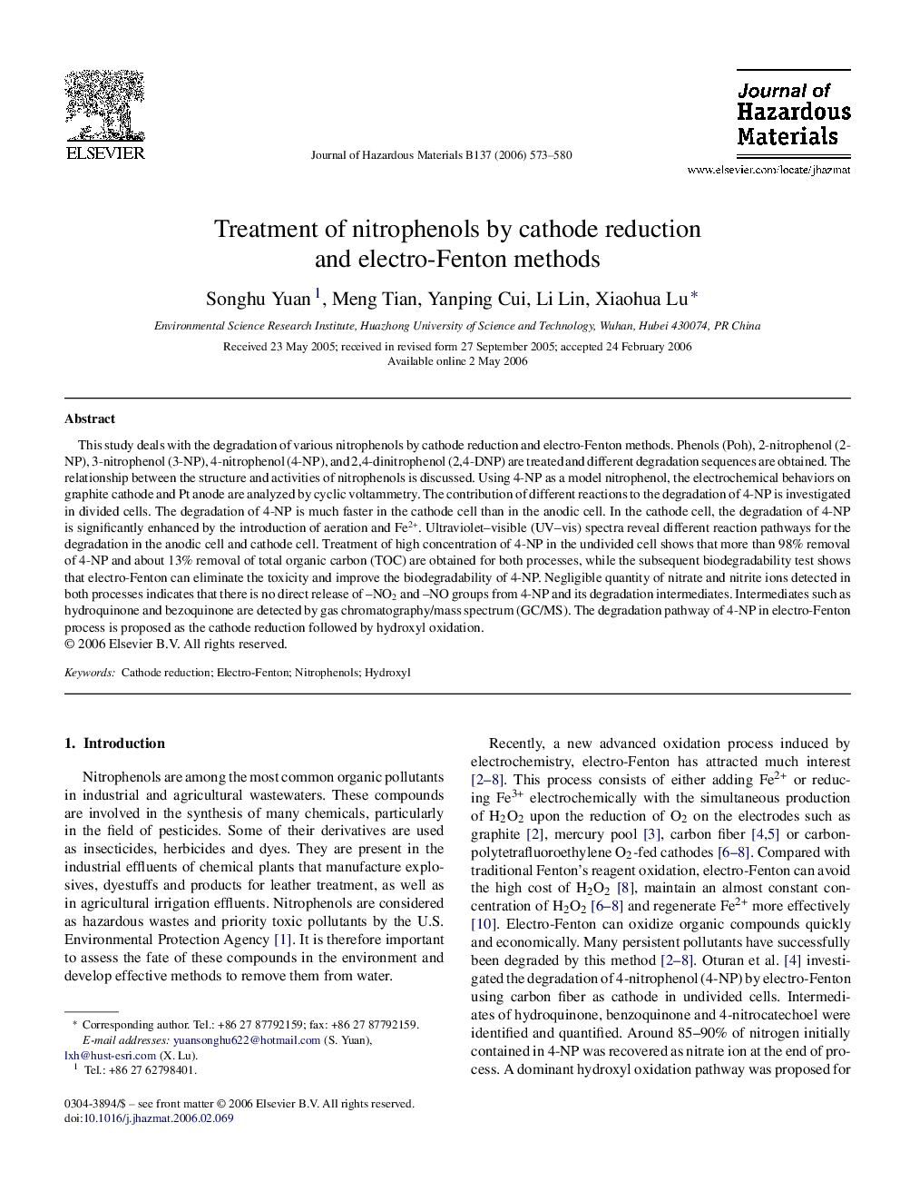 Treatment of nitrophenols by cathode reduction and electro-Fenton methods