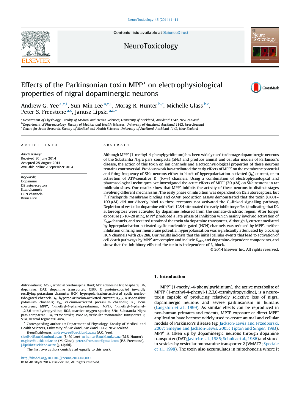 Effects of the Parkinsonian toxin MPP+ on electrophysiological properties of nigral dopaminergic neurons