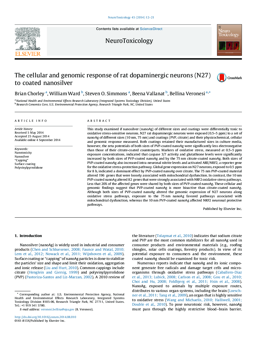 The cellular and genomic response of rat dopaminergic neurons (N27) to coated nanosilver