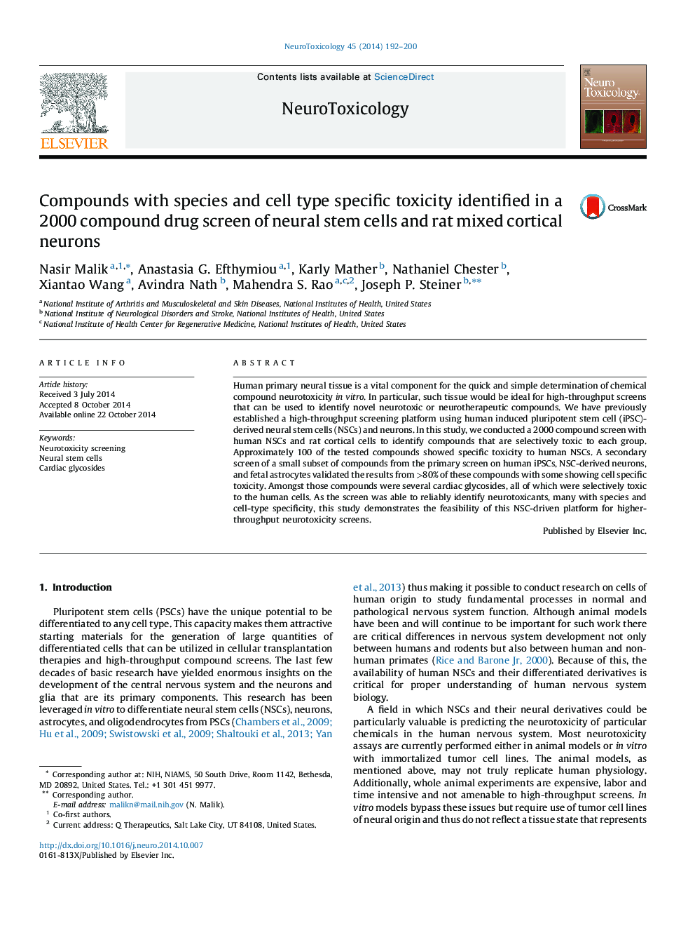 Compounds with species and cell type specific toxicity identified in a 2000 compound drug screen of neural stem cells and rat mixed cortical neurons