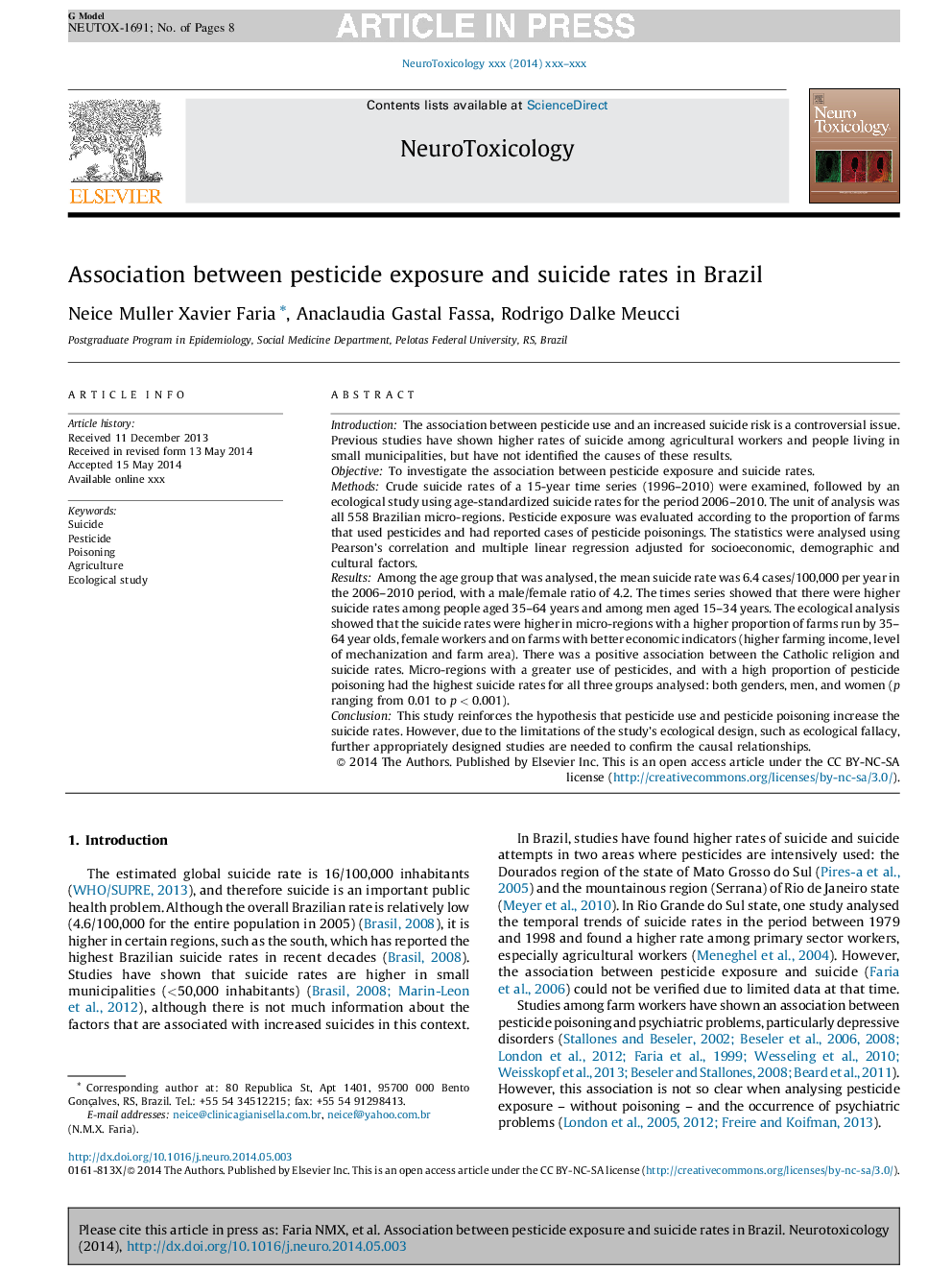 Association between pesticide exposure and suicide rates in Brazil