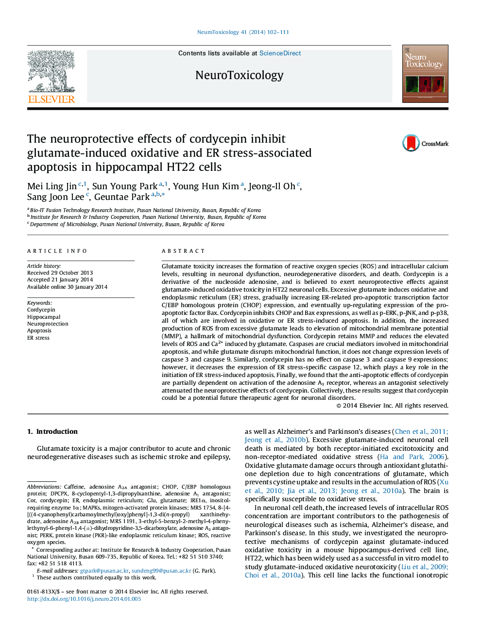 The neuroprotective effects of cordycepin inhibit glutamate-induced oxidative and ER stress-associated apoptosis in hippocampal HT22 cells