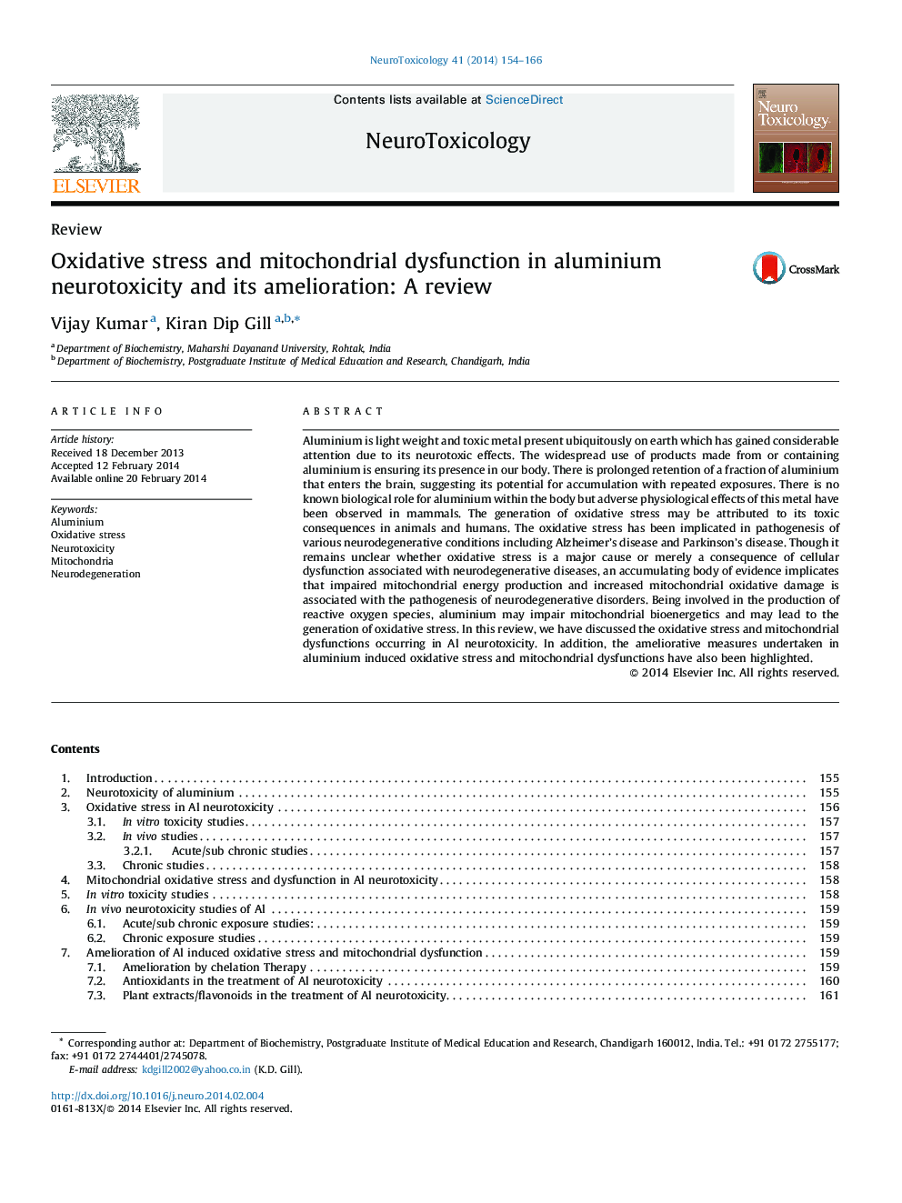 ReviewOxidative stress and mitochondrial dysfunction in aluminium neurotoxicity and its amelioration: A review