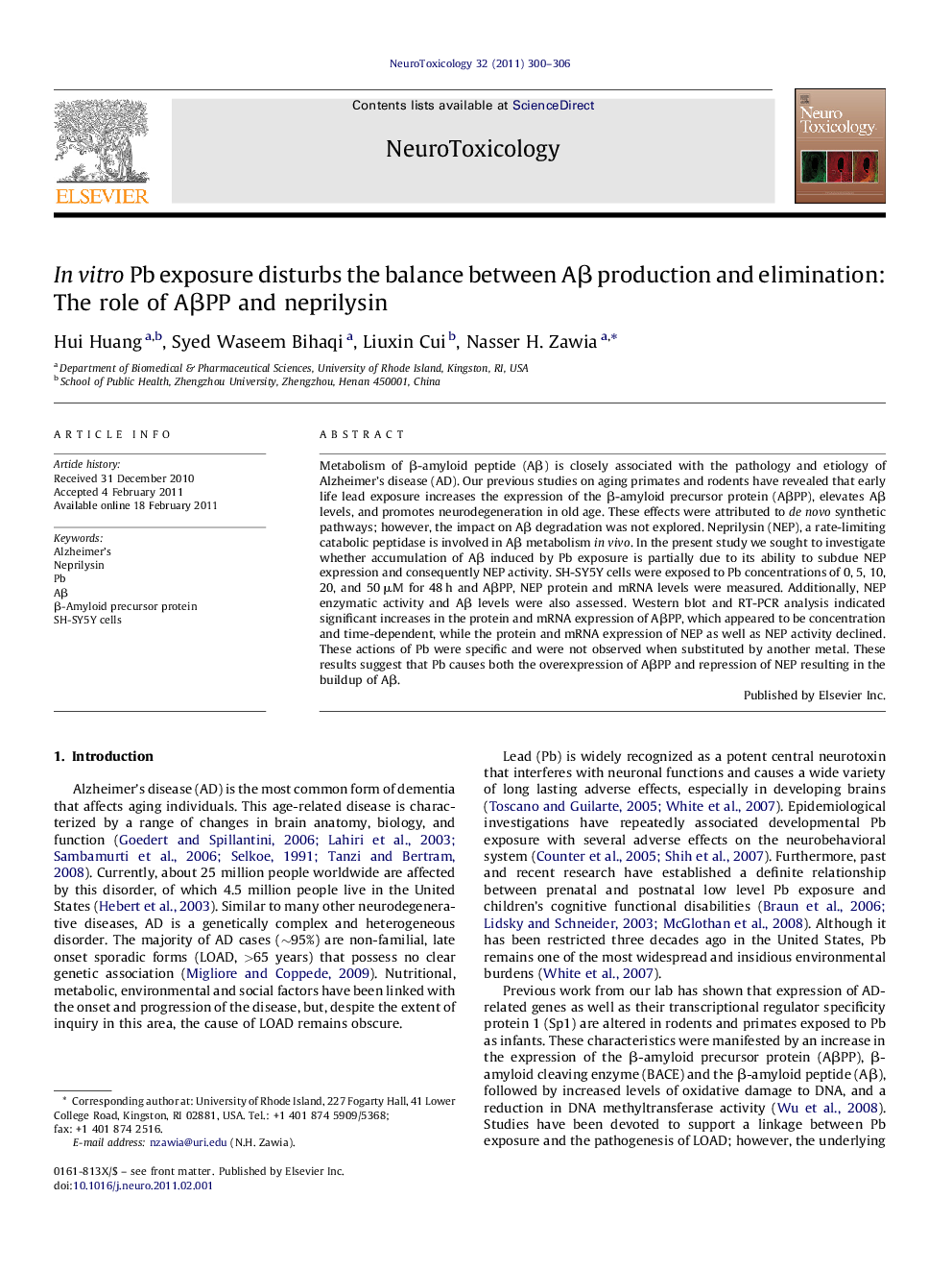 In vitro Pb exposure disturbs the balance between AÎ² production and elimination: The role of AÎ²PP and neprilysin